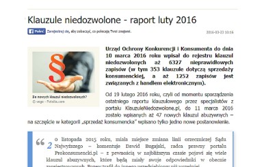 prawo.egospodarka.pl – 23.03.2016 Klauzule niedozwolone – raport luty 2016